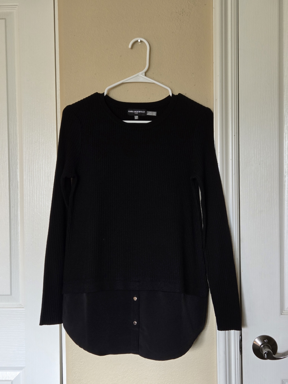 Karl Lagerfeld Paris Black Mixed Media Ribbed Knit Layered Sweater